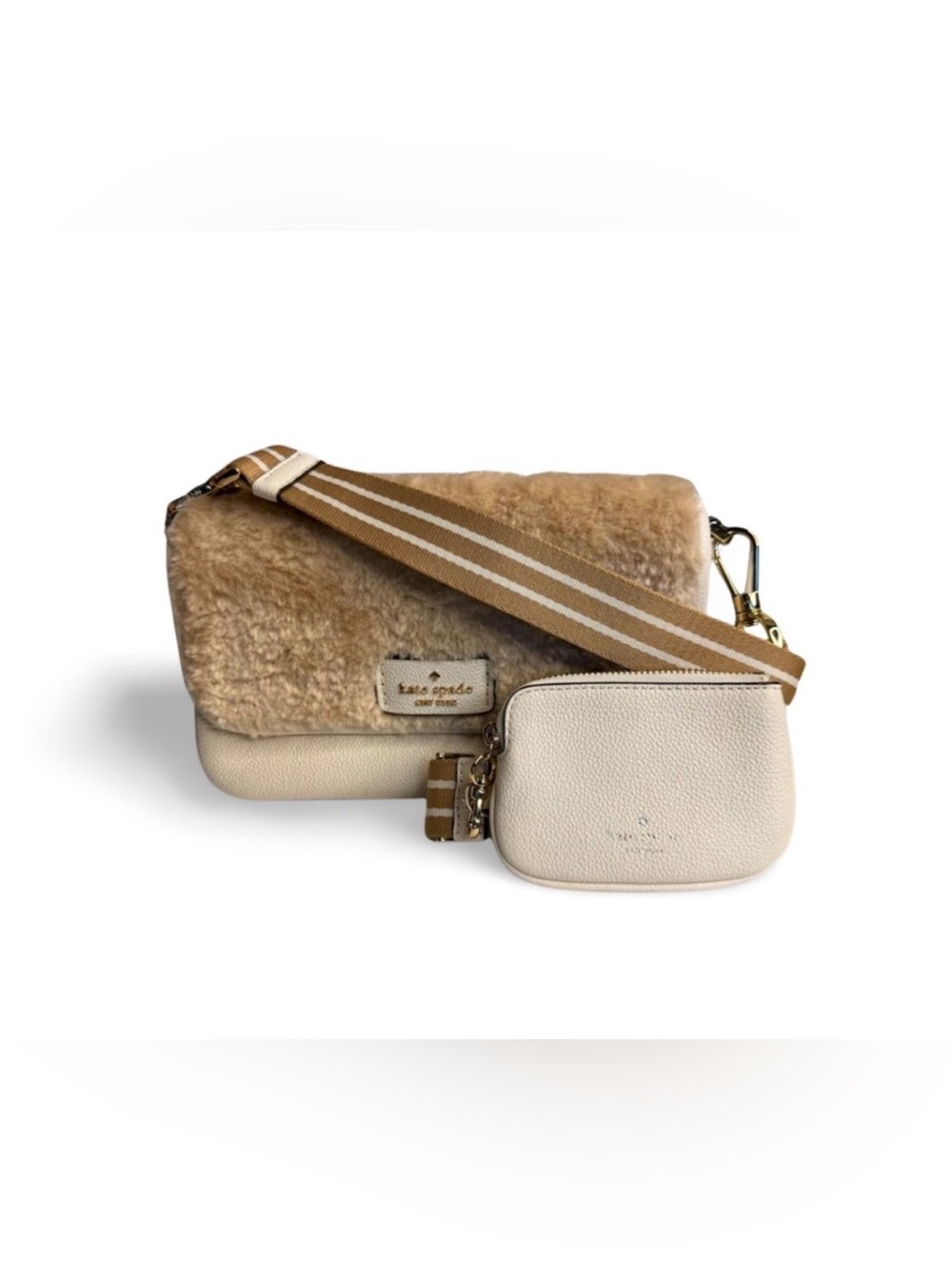 Kate Spade Shearling Flap Crossbody Cream Beige Pebbled Leather + Mini Zip Pouch